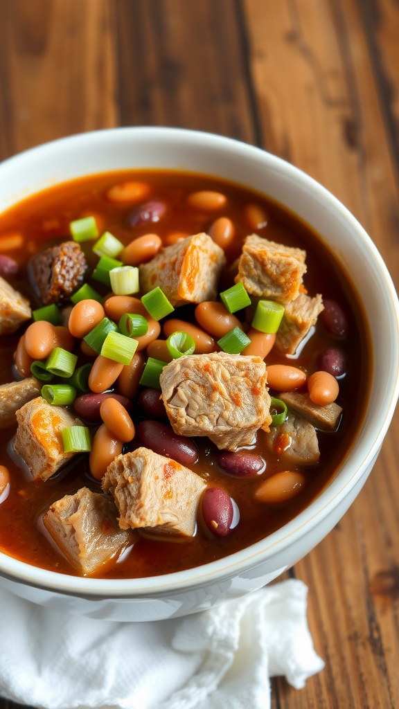 A comforting bowl of pork and beans with pork chunks and kidney beans, garnished with green onions on a rustic table.